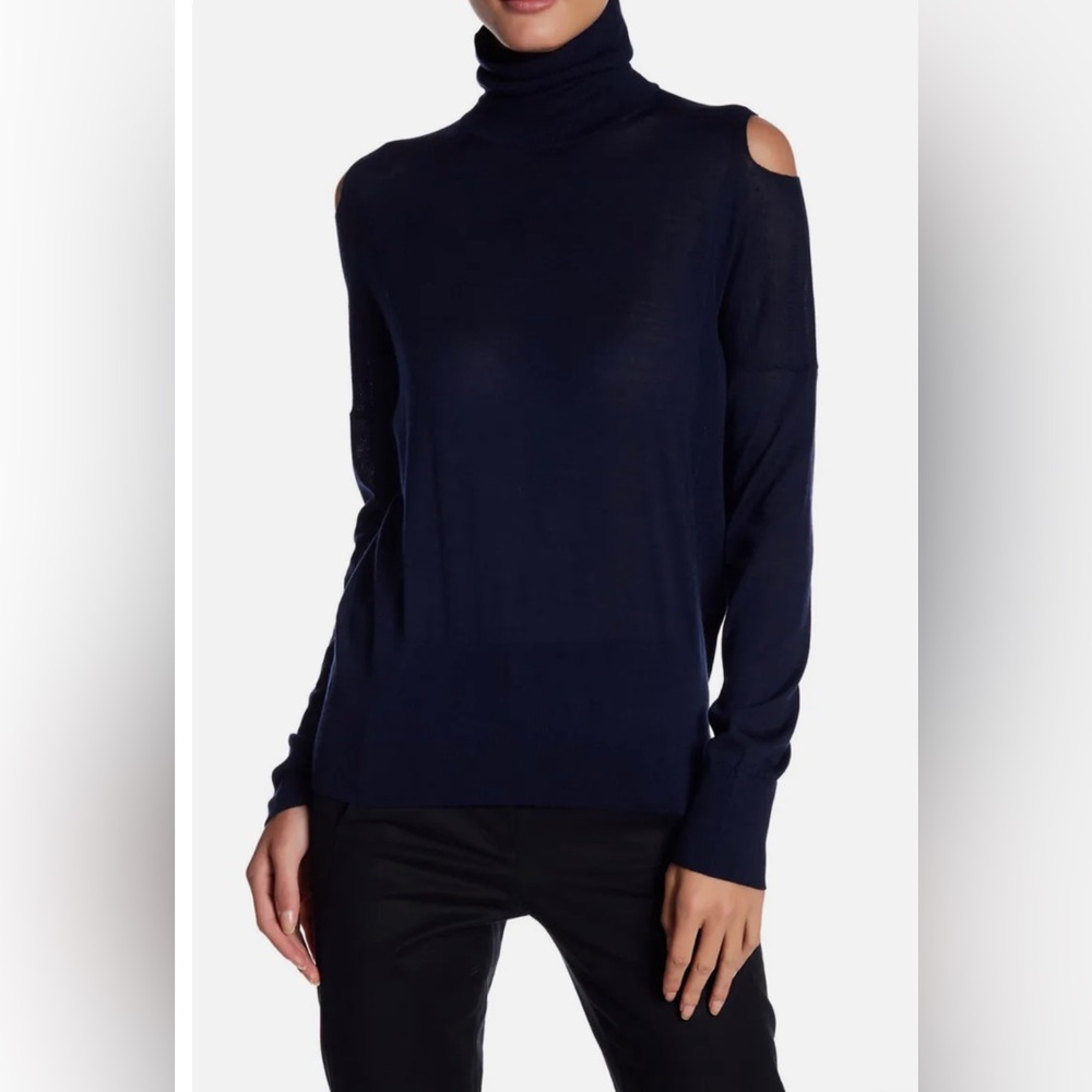 Vince Split-Shoulder Turtleneck Wool Lightweight Sweater, Coasta, Size Small